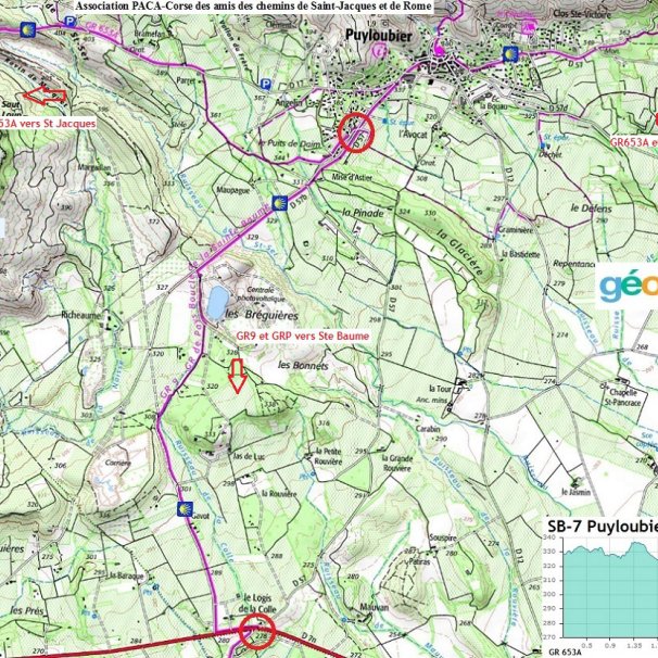 Carte du carrefour D 7n / D57 à la rencontre avec le GR 653 A